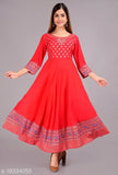 Rayon Printed Anarkali Kurti for Women (Red, S)